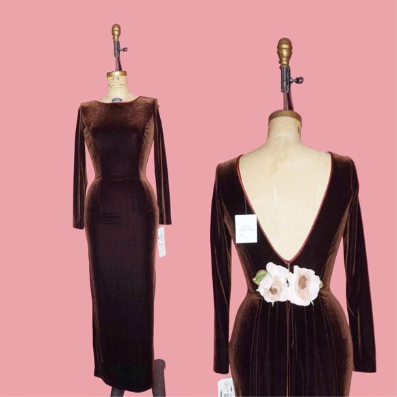 Y2K JESSICA McCLINTOCK NWT. Low Back Rosette Velvet Long Sleeve Maxi Dress. S-M - Picture 1 of 10